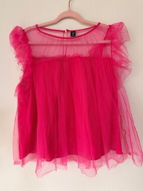 Shein Curve Pink Tulle Babydoll Top | Ruffle Sheer Romantic Fairy Blouse 1X